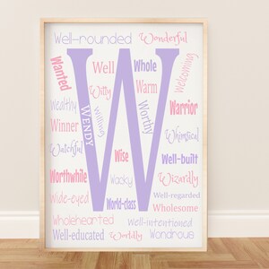 Arte de parede imprimível com letra W personalizada com afirmações positivas para berçário de bebês meninas ou meninos ou sala de jogos infantis - qualquer cor personalizada