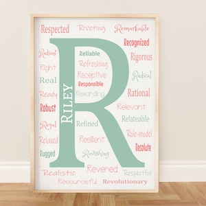 Benutzerdefinierter Anfangsdruck, Buchstabe R, Positive Affirmationen für Baby-Mädchen oder Jungen-Kinderzimmer oder Kinder-Spielzimmer, Name und Farben personalisieren