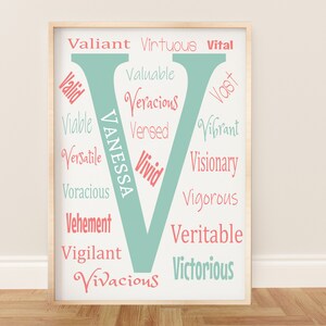 Benutzerdefinierter Anfangsdruck, Buchstabe V, positive Affirmationen für Baby-Mädchen oder Jungen-Kinderzimmer oder Kinder-Spielzimmer, Name und Farben personalisieren