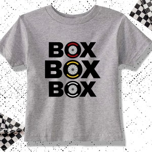 Maglietta per bambini BOX BOX, maglietta per bambini con pneumatici di Formula 1, maglietta per bambini per il giorno della gara