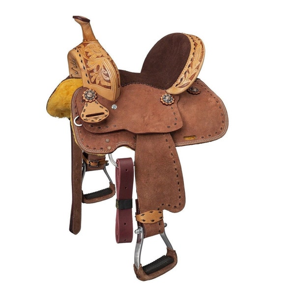 STG Western Kids Brown Youth Child Barrel Horse Saddle With Floral Tooled Roughout Leather 8" to 10" in