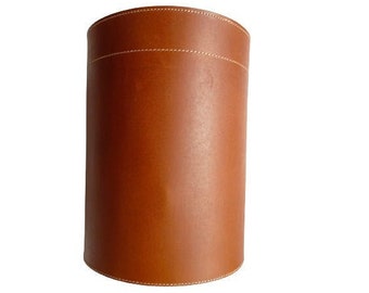 STG Cylindrical Tan Round Leather Trash Can| Dustbin| Office| Home| Multipurpose Storage Box| Door Bin| Leather Basket| Dry Waste Basket