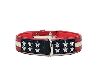 STG Western Genuine Leather American Flag (USA) Luxury Star Padded Dog Collar Red and Blue Collar Dog/Cat Leather Collar Unisex Dog Collar