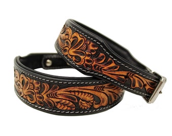 STG Genuine Leather Dog/Cat Collar Hand Tooling Full Padded Comfortable Dog Collar Floral Pattern Large Dog Collar For All Breed Unisex Dog