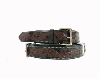 STG Genuine Leather Handmade Soft Padded Comfortable Leather Tooled Black/Brown Floral Dog Collar Western Leather Dog/Cat Collar