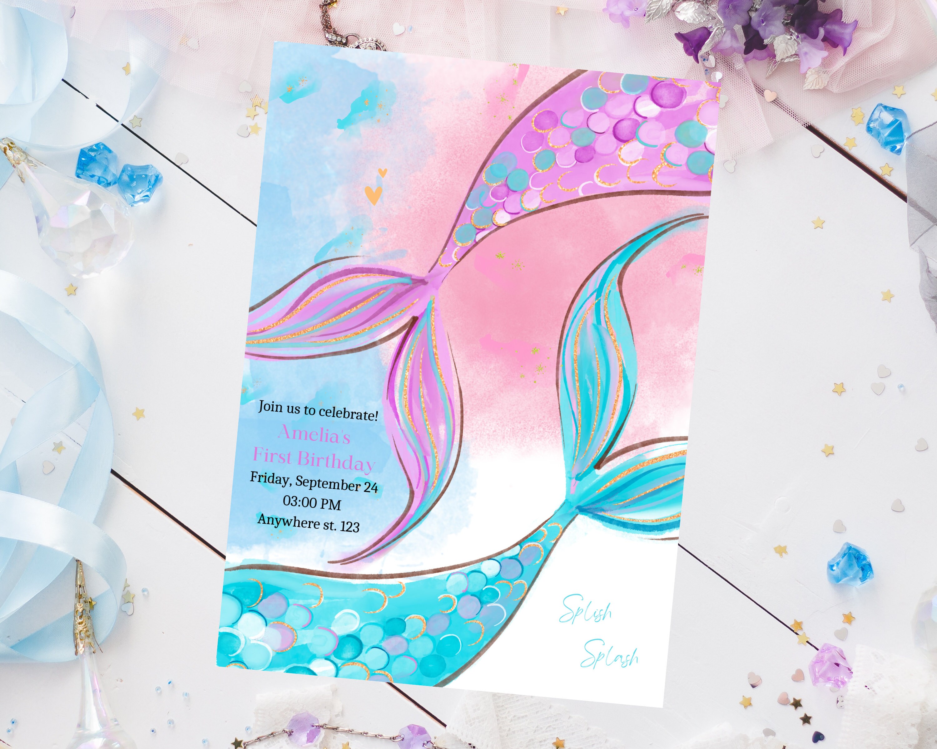 Editable Mermaid Birthday Party Invitation Girl Pink Purple Silver ...