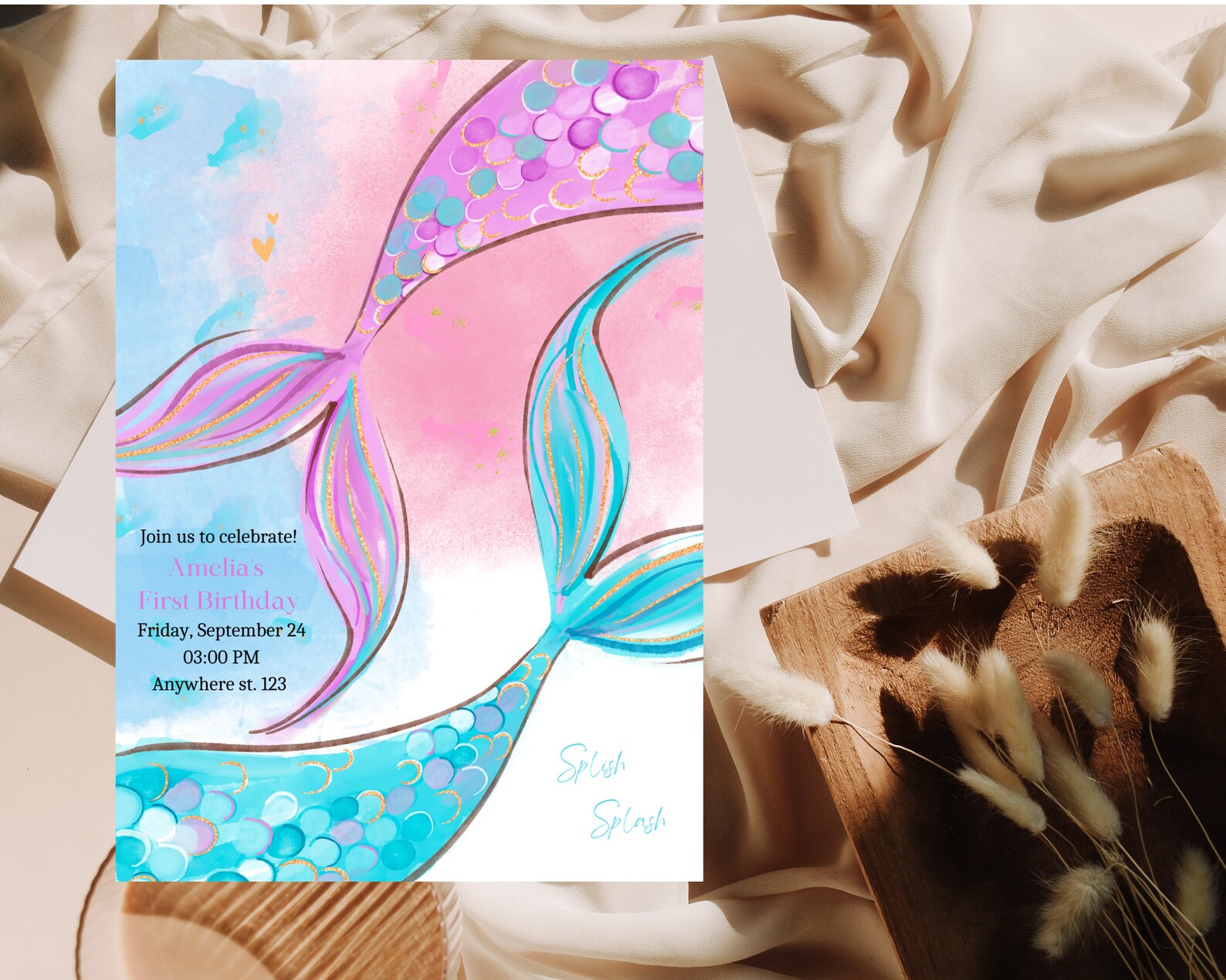 Editable Mermaid Birthday Party Invitation Girl Pink Purple Silver ...
