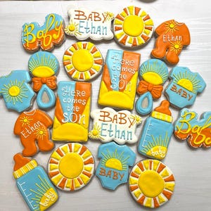 Galletas personalizadas para baby shower de niño / Set de galletas con la frase "Sunshine" y "Here Comes the Son" / Delicias personalizadas para revelar el género