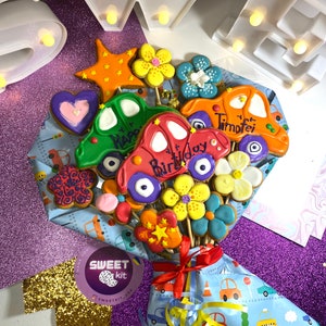 Birthday Cookies Bouquet for Boy – Car-Themed Cookies Bouquet, 1 Dozen Custom Cookies