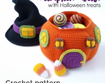 Pumpkin House with Halloween treats Crochet pattern