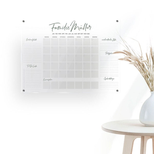 Forfait mensuel « Family Deluxe », calendrier acrylique personnalisable, planificateur acrylique, idée cadeau personnalisée avec stylo (essuyable)