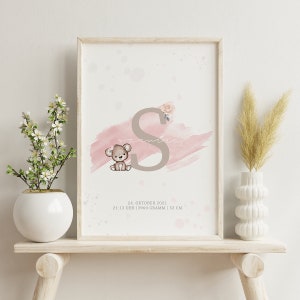 Geburtsposter "Blumenbärchen" personalisierbares Poster, Plakat, Wandkunst, auf Wunsch mit Rahmen