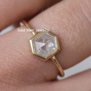 2.0Ct Rose Cut Hexagon Moissanite Bezel Solitaire Engagement Ring, 14k Yellow Gold Wedding Ring, Anniversary Diamond Gift Ring For Women
