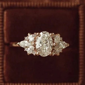 2Ct Oval Cut Moissanite Engagement Ring 14K Gold Ring Art Deco Vintage Ring Unique 3 Stone Ring Cluster Wedding Anniversary Ring For Gift