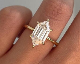 Elongated Hexagon Moissanite Engagement Ring, 14K Solid Gold Ring, Hidden Halo Solitaire Promise Ring, Anniversary Gift for Her, Bridal Gift