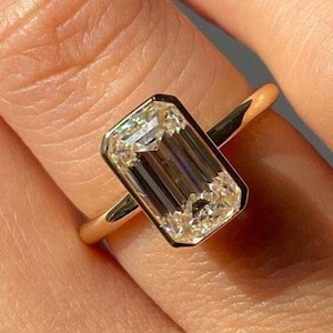5 CT Emerald Cut Solitaire Bezel Ring / Emerald Cut Bezel Set Engagement Ring / 14K Yellow Gold Wedding Ring / Moissanite Diamond Ring