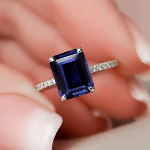 Emerald Cut Sapphire Engagement Ring Sapphire Hidden Halo Ring 3CT Sapphire Wedding Ring September Birthstone Anniversary Ring For Gift