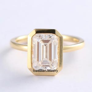 3 CT Emerald Cut Moissanite Engagement Ring Bezel Set Emerald Cut Ring 14K Solid Yellow Gold Solitaire Wedding Ring Anniversary Gift for Her