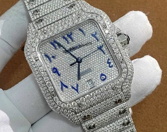 40 MM VVS Moissanite Studded Watch, Fully Iced Out Bust Down Watch, Men's Wrist Watch, Arabic Dial Hip Hop Watch, Luxury Watch, Watch