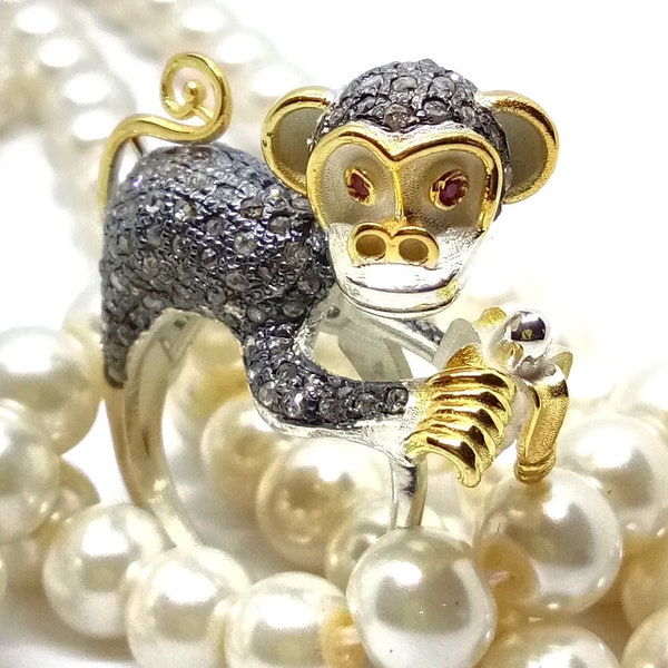 pequeño anillo de diamantes Monkey Rosecut.Anillo de cóctel de mono Pave Diamonds Animal Ring.Monkey Banana ring.Handmade Monkey Ring.gift cualquier amigo