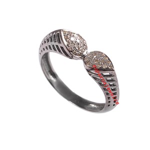 May include: A silver ring with two teardrop-shaped settings, each filled with small white gemstones.