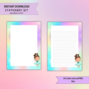Set di cancelleria per bambini, carta da lettere, carta da lettere per ragazze, cancelleria ballerina, foderato, sfoderato, A4, formato lettera, PDF, PNG