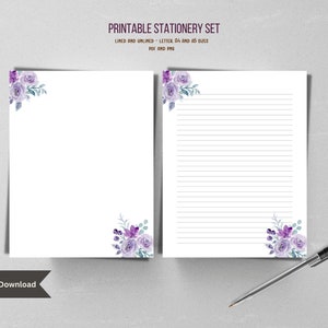 Cancelleria digitale floreale, carta da lettere a righe e senza righe, A4, A5, formato lettera, PDF e PNG, download istantaneo, motivo floreale