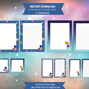 Juego de papelería imprimible del espacio exterior, notas y tarjetas de escritura, papel de escribir, forrado, sin forro, carta de EE. UU., A4, descarga instantánea