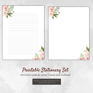 Watercolour Flower Digital Stationery, Lined and unlined writing Paper, Digital Download, Instant Download, A4 and letter size, Floral