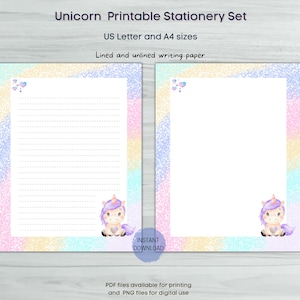 Papel de papelería imprimible de unicornio, forrado y sin forrar, tamaño A4 y carta, PDF y PNG, lindo papel de escritura imprimible, papel de escritura de cartas