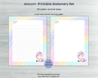 Unicorn Printable Stationery, Lined and unlined, A4, A5 and Letter Size, PDF and PNG, Cute Printable Writing Paper, Letter Writing Paper