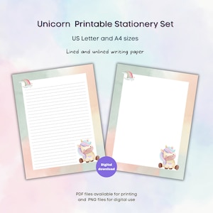 Papel de papelería imprimible Unicornio, Papelería infantil, Forrado y sin forro, Tamaño A4 y Carta, PDF y PNG, Papel para escribir cartas