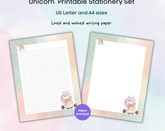 Papier à lettres imprimable Licorne, papeterie pour enfants, avec et sans doublure, A4 et format Lettre, PDF et PNG, papier à lettres