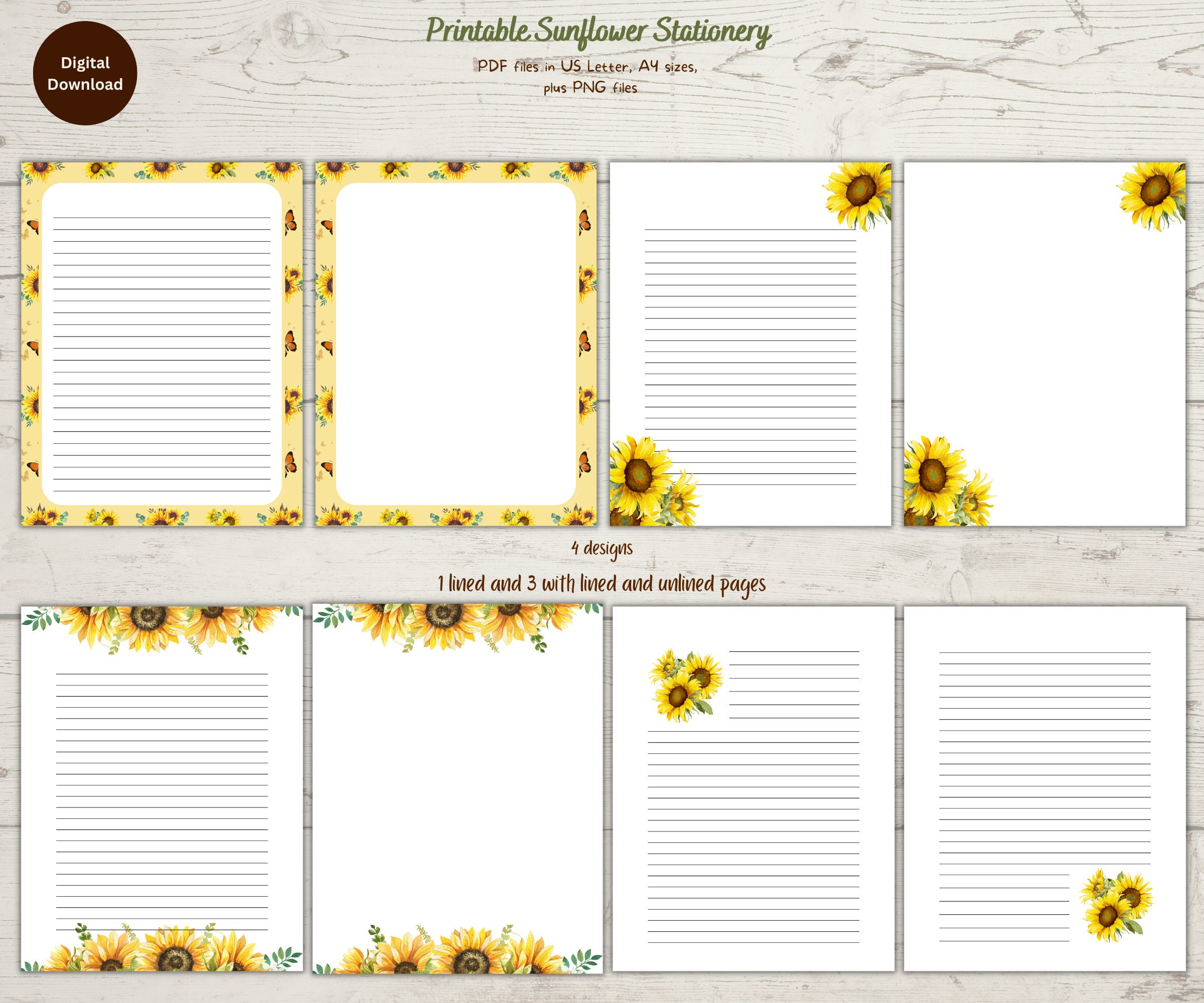 Printable Sunflower Stationery, Floral Printable Stationery, Printable ...