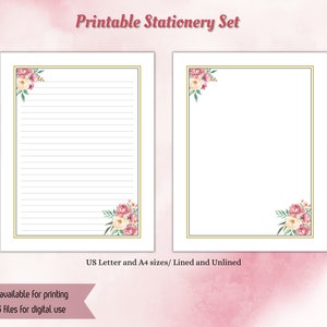 Watercolour Flower Digital Stationery, Lined and Unlined writing paper, A4, Letter Size, PDF and PNG, Instant Download, Floral Motif