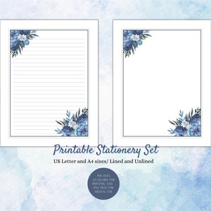 Blue Watercolour Flower Digital Stationery, Lined and Unlined writing paper, A4, Letter Size, PDF and PNG, Instant Download, Floral Motif