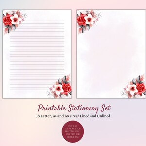 Aquarell rote Rose digitales Briefpapier, liniertes und unliniertes Briefpapier, A4, A5, Letter, PDF und PNG, Sofort Download, Blumenmotiv