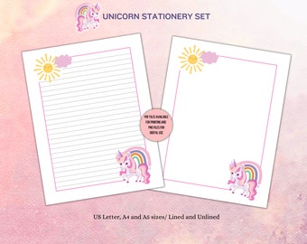 Printable Unicorn Stationery Set | Lined & Unlined Writing Paper | Cute Rainbow Letter Paper | Digital Download | A4 A5 US Letter