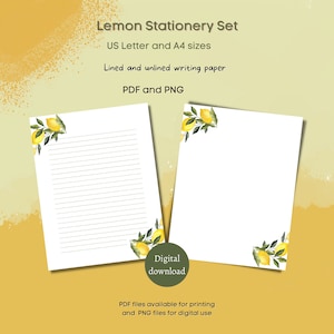 Papelería imprimible de limón, botánico, papel de escritura de limón, papel de escritura de cartas de cítricos, A4, descarga instantánea de cartas de EE. UU.