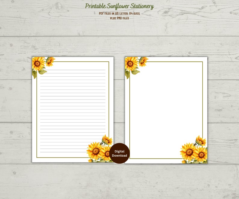 Printable Sunflower Stationery, Floral Printable Stationery, Printable ...