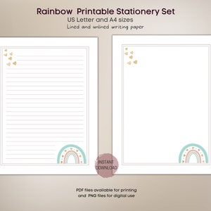 Papelería imprimible, papel de escritura arcoíris, forrado sin forro, carta A4 de EE. UU., descarga instantánea, conjunto de papelería digital