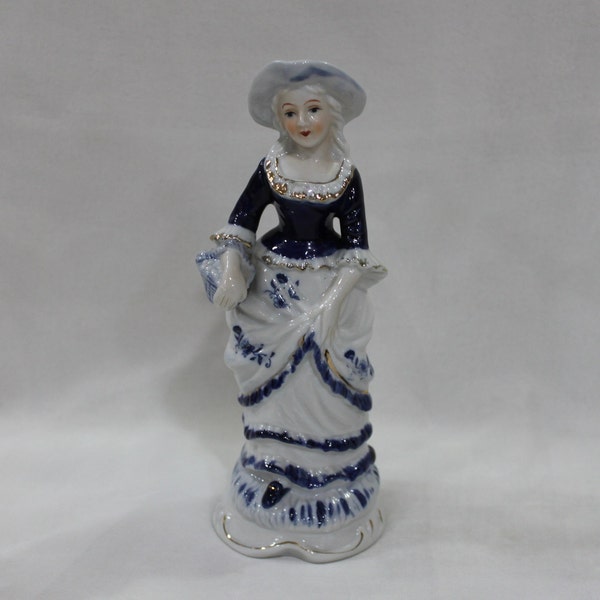 victorian porcelain women lady figurine in blue and white unmarked 8" tall