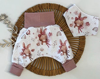 Conjunto de pantalón bombacho con simpáticos conejitos - conjunto para niña en tonos rosas - regalo para nacimiento o bautizo - talla. 44-110 también para bebés prematuros