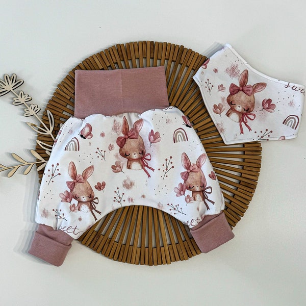 Pumphosen Set mit süßen Hasen - Outfit für kleine Mädchen in rosa Tönen - Geschenk zur Geburt oder Taufe - Gr. 44-110 auch für Frühchen