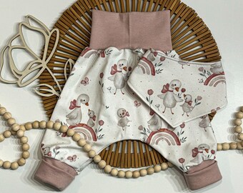 Pump pants set with cute geese - Easter outfit for little girls in pink tones - Easter gift - size. 44-110 also for premature babies