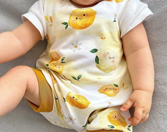 Sommer Strampler mit Zitronen - kurzer Strampler für Mädchen und Jungs - Sommerkleidung für Babys - Geschenke zur Taufe - Gr. 44-98