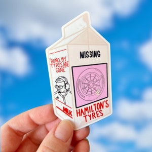 F1 Sticker | Lewis Hamilton "Missing Tyres" milk carton sticker | F1 sticker for Laptops and Water Bottles, Formula One | Mercedes AMG