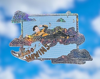 May include: A glittery sticker featuring a cartoon illustration of a person laying on a cloud with the text "Lando Now Wins".