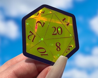 May include: A holographic green 20-sided die with red numbers. The die is a popular tool for tabletop role-playing games.