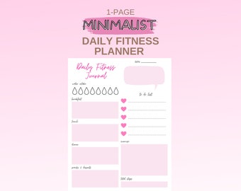 Op de afbeelding: Een roze en wit printbaar dagelijks fitnessjournaal met secties voor waterinname, ontbijt, lunch, diner, snacks & desserts, to-do-lijst, oefening en het totale aantal stappen. Het journaal heeft een roze en wit kleurenschema met een minimalistisch ontwerp.